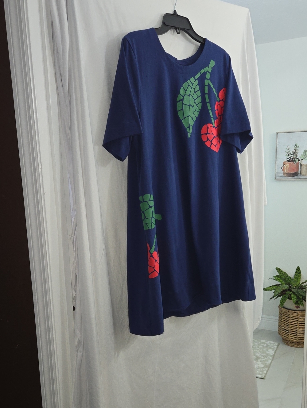 Celandine By Anthropologie Blue Women Short-Sleeve Shirt with Red Cherry Graphic
